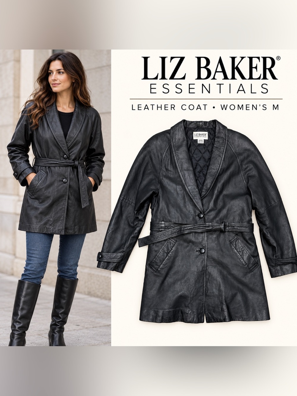 Liz Baker Essentials Women’s Black Leather Belted Coat Size M